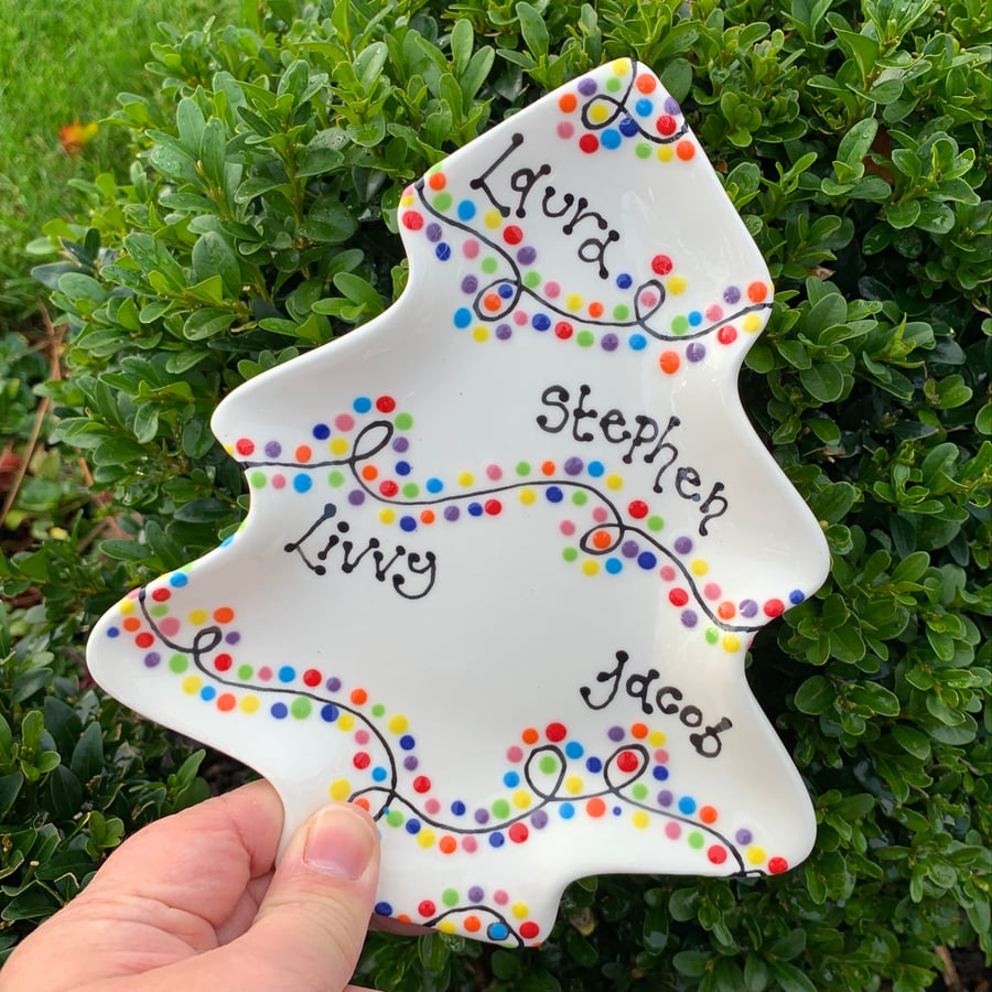Personalised Ceramic Fairy Light Tree Dish, Unique Hand Painted Christmas Plate