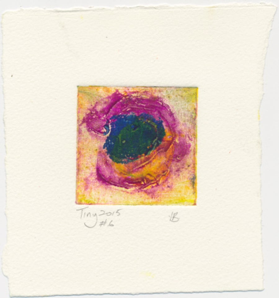 Tiny collagraph print in cobalt violet,cadmium yellow and green