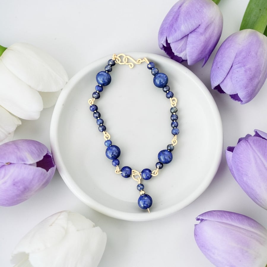 Gold Filled 14k Lapis Lazuli Bracelet 7.5”  - Gift Boxed
