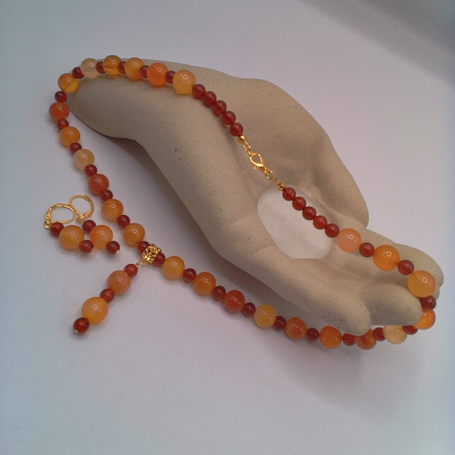 Carnelian and Red Glass Bead Necklace and Earrings Set, Gift Set, Gift for Her