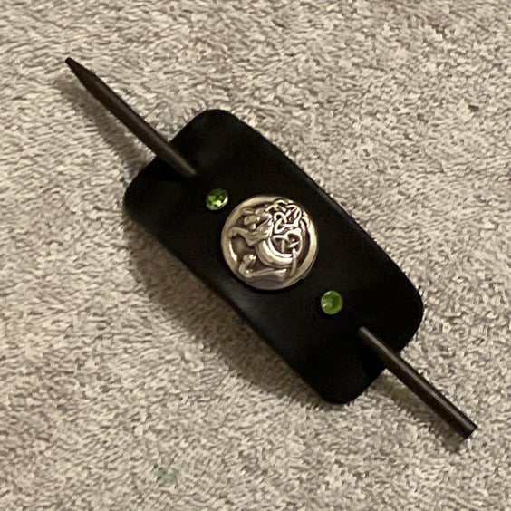 Black Leather Hair Stick Barrette - Celtic Dragon Center & 2 Green Gemstones