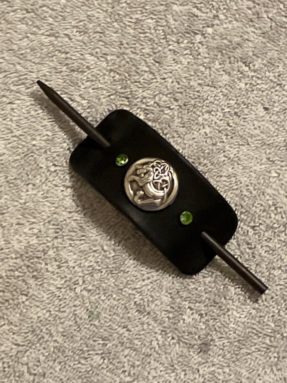 Black Leather Hair Stick Barrette - Celtic Dragon Center & 2 Green Gemstones