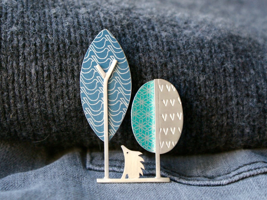 Hedgehog and trees brooch