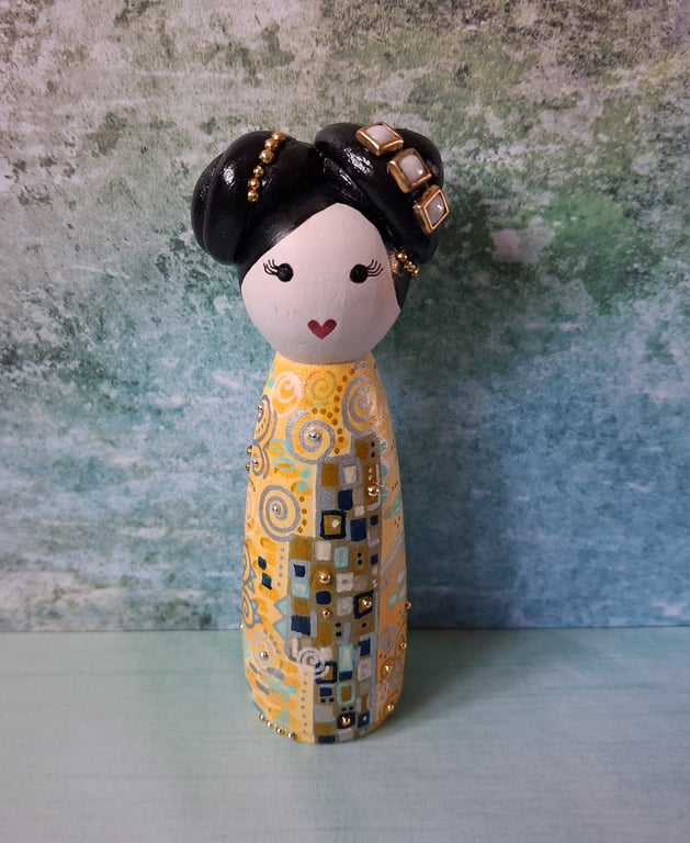 Gustav Klimt inspired wooden painted peg doll