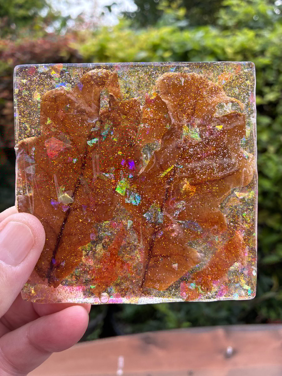 Set of two square resin coasters with dried leaves and holographic glitter