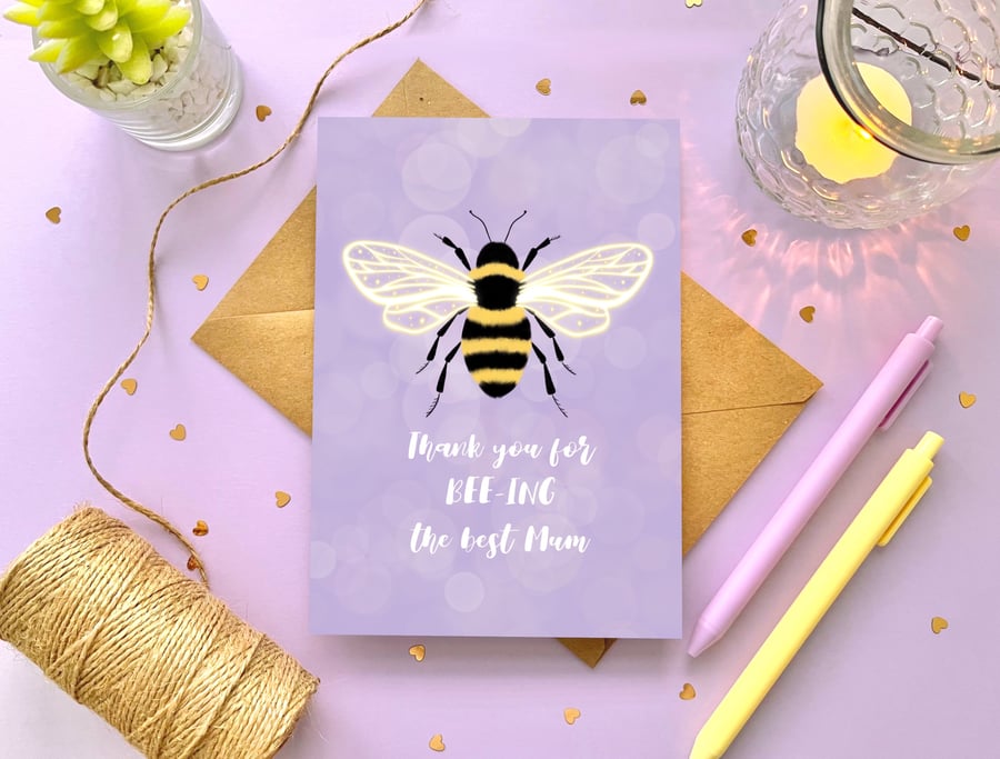 Bumble Bee Mum Birthday Card, Best Mum, Thank You Mum Card, Mother's Day Card.
