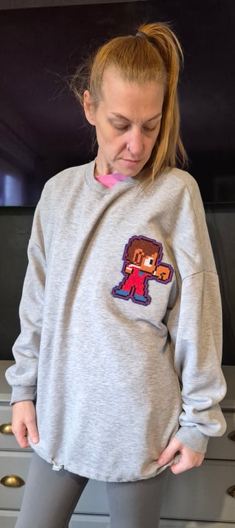 Hand Embroidered Retro Pixel Character Sweatshirt-Nostalgic Gaming Inspired