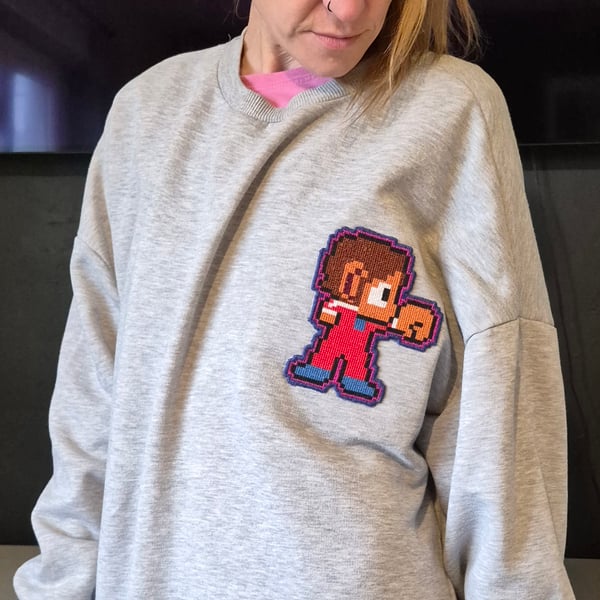Hand Embroidered Retro Pixel Character Sweatshirt-Nostalgic Gaming Inspired