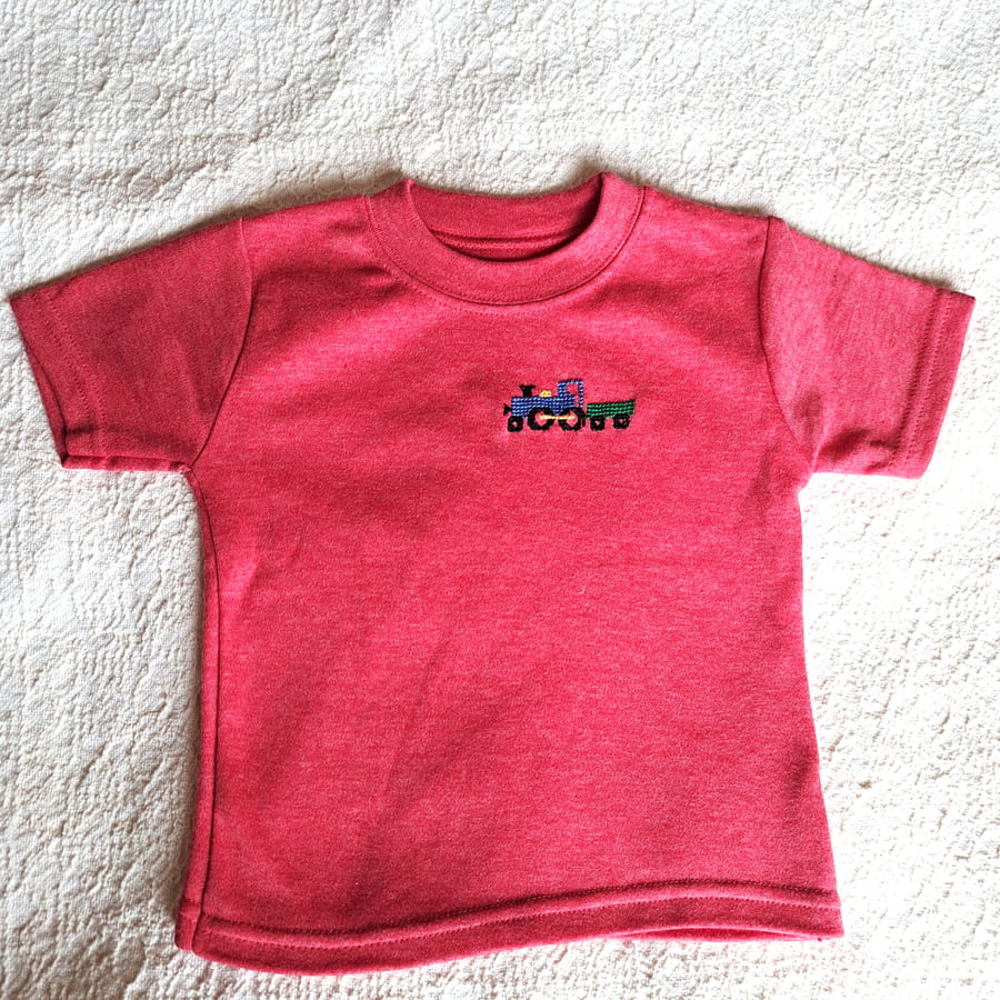 Train T-shirt, age 3-6 months, hand embroidered