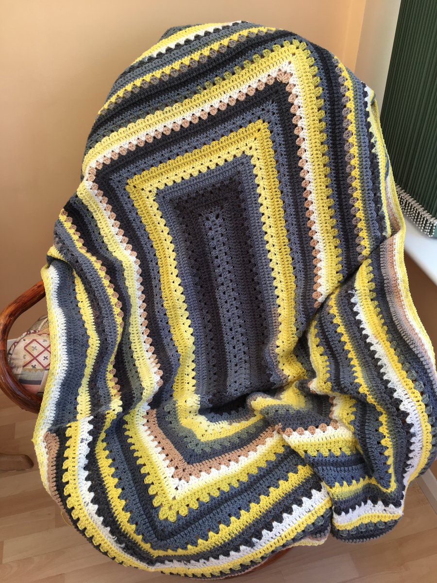 Handmade Crochet Mustard Yellow, White and Grey Blanket