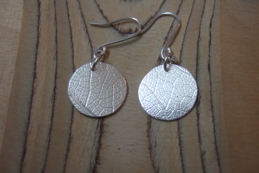 Sterling Silver Round Leaf Print Earrings