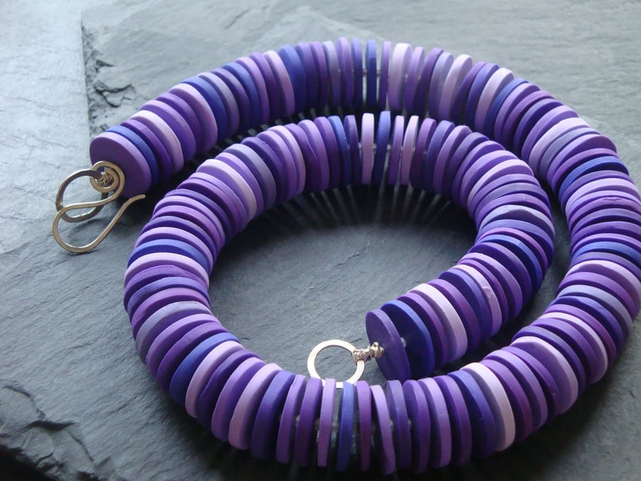 Polymer clay and sterling silver necklace in purples and lilac