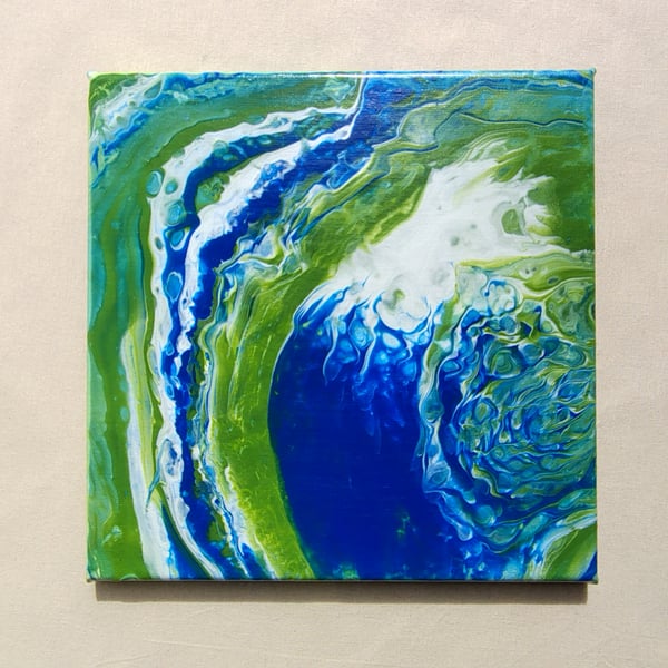 Acrylic Pour Art Canvas, Wall Art - Blue, White and Green,
