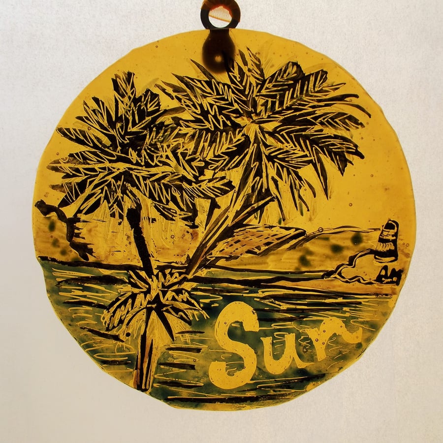 Painted Yellow Glass Roundel - Sun and palm trees by the sea