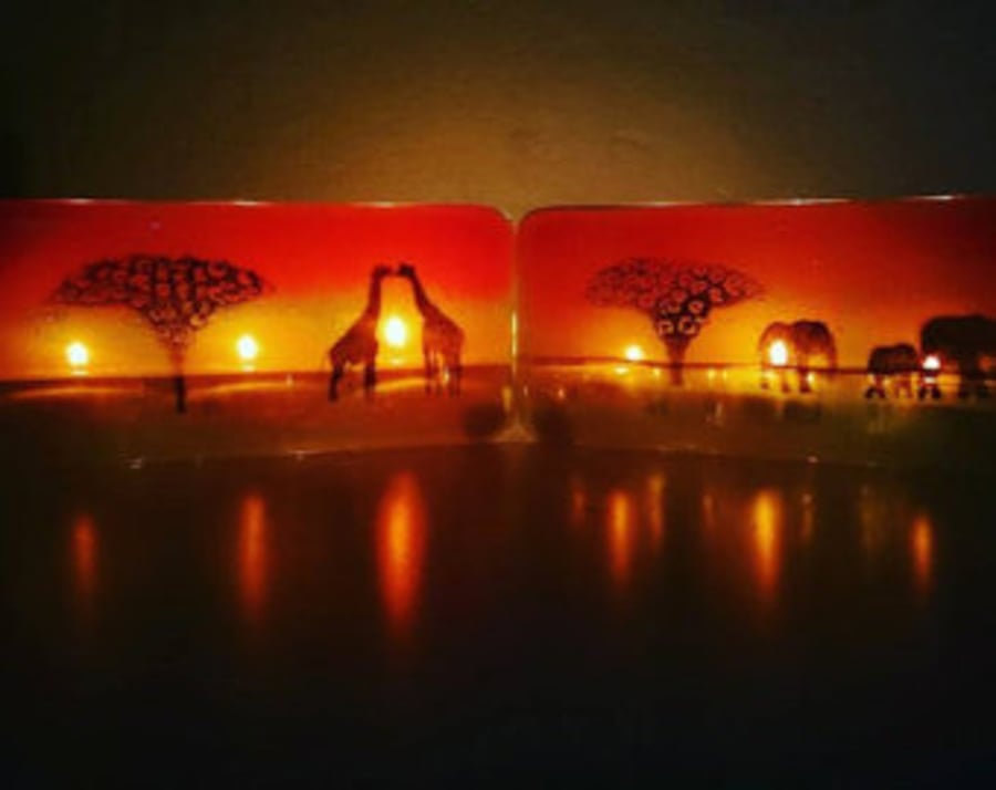 Fused Glass Giraffe or Elephant Sunset Tealight Holder, 3 tealight