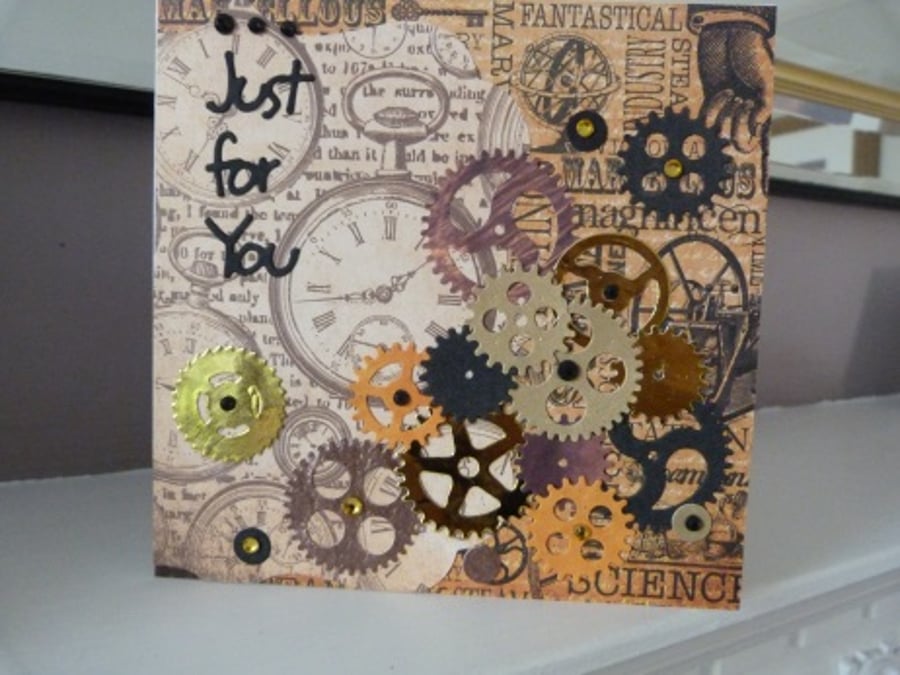Steam Punk Orange Cogs Birthday Card