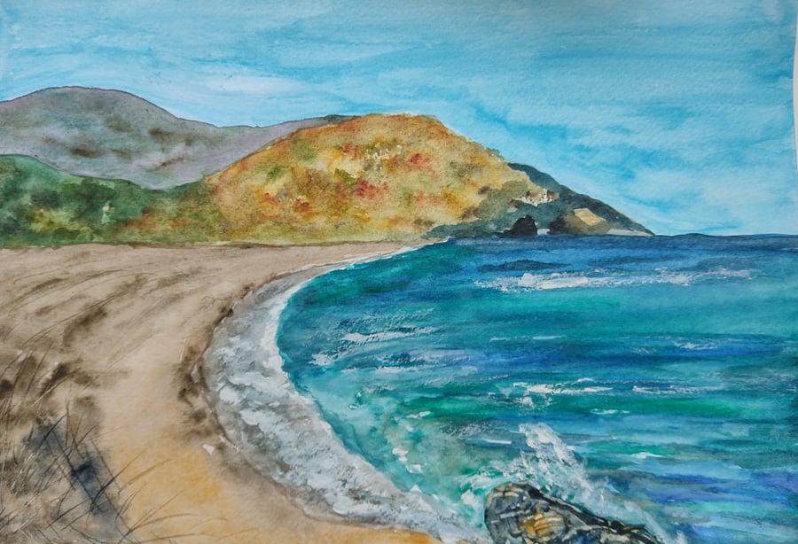 Seascape bay in Greece, watercolour beach original art