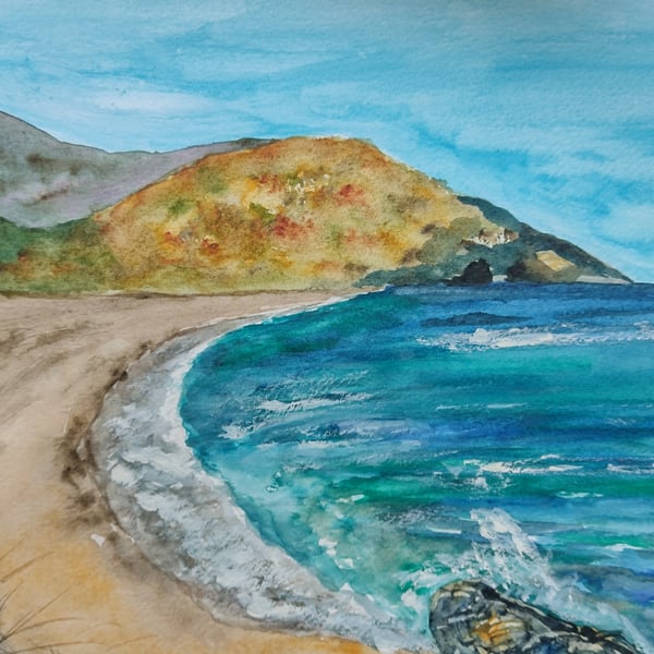 Seascape bay in Greece, watercolour beach original art