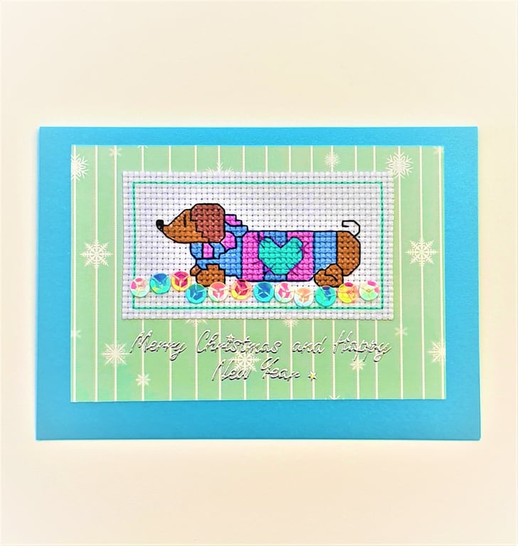 Christmas Daschund Cross stitch card with "Merry Christmas" wording & Sequins