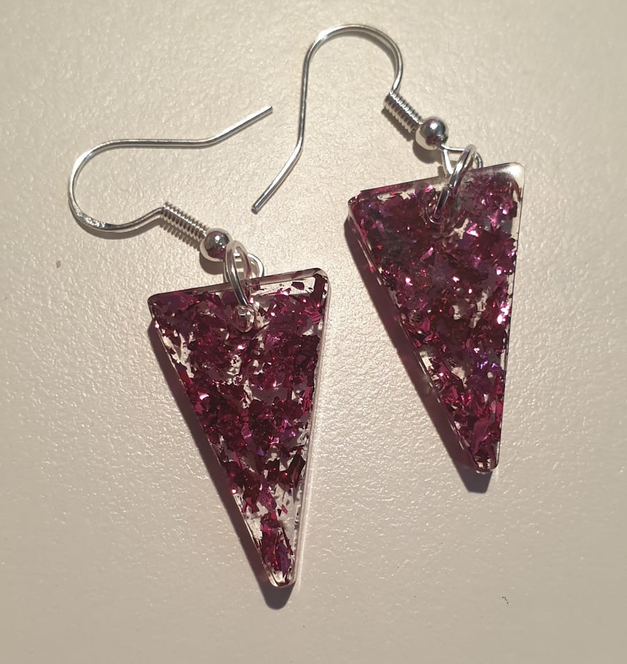 Triangle pink metallic flakes resin earrings