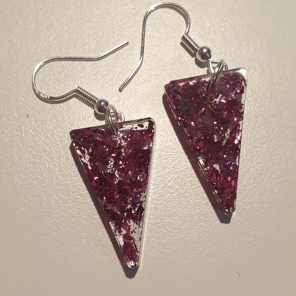 Triangle pink metallic flakes resin earrings