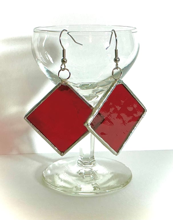 Deep Red Diamond Shaped Stained Glass Earrings