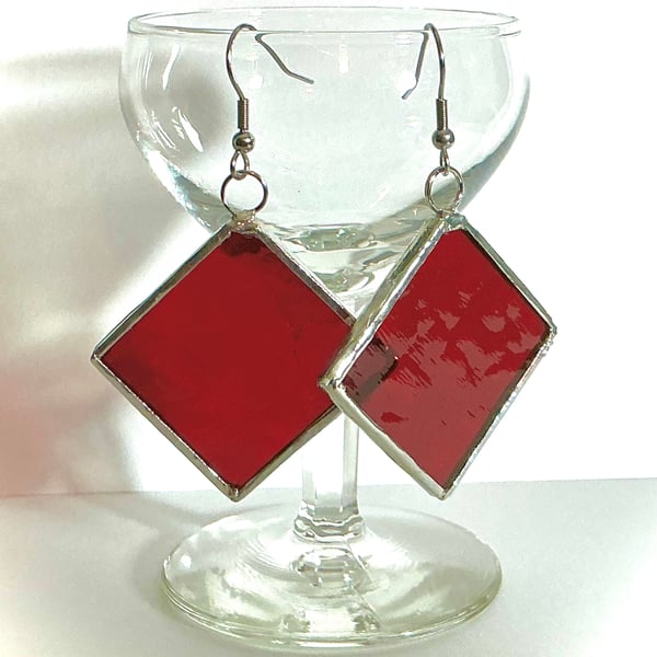Deep Red Diamond Shaped Stained Glass Earrings