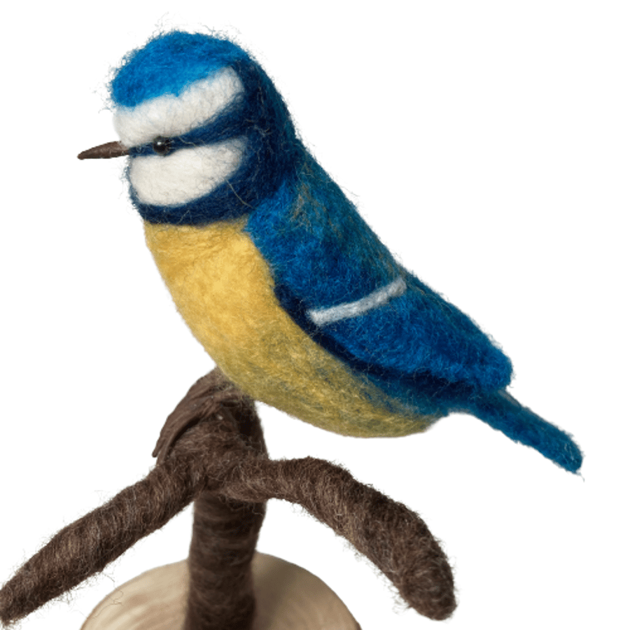 Blue tit model, needle felted, British garden birds