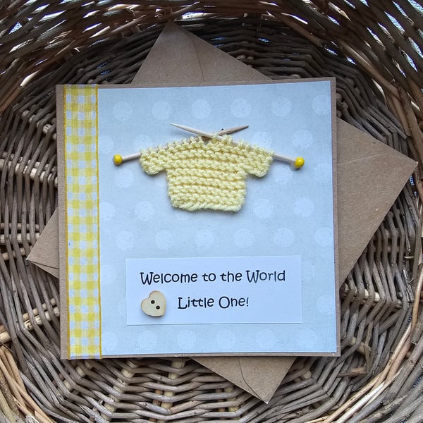 Yellow Welcome to the World New Baby Card with Small Knitted Jumper Size 5" x 5"