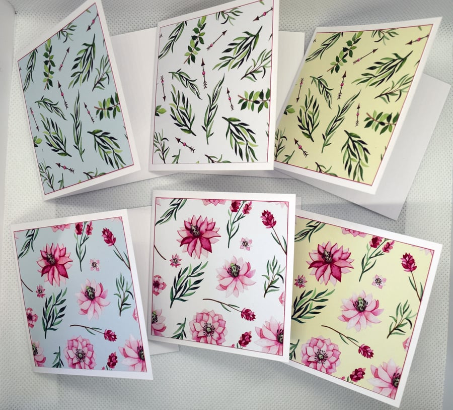 6 Pretty Floral 3x3 Inch Blank Mini Note Cards, Stationery, Gift Tags, Notecards