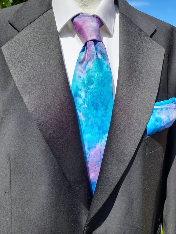 Statement Pure Silk Funky Tie Set in Blue and Pink.  Hand Dyed and Unique !