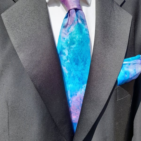 Statement Pure Silk Funky Tie Set in Blue and Pink.  Hand Dyed and Unique !