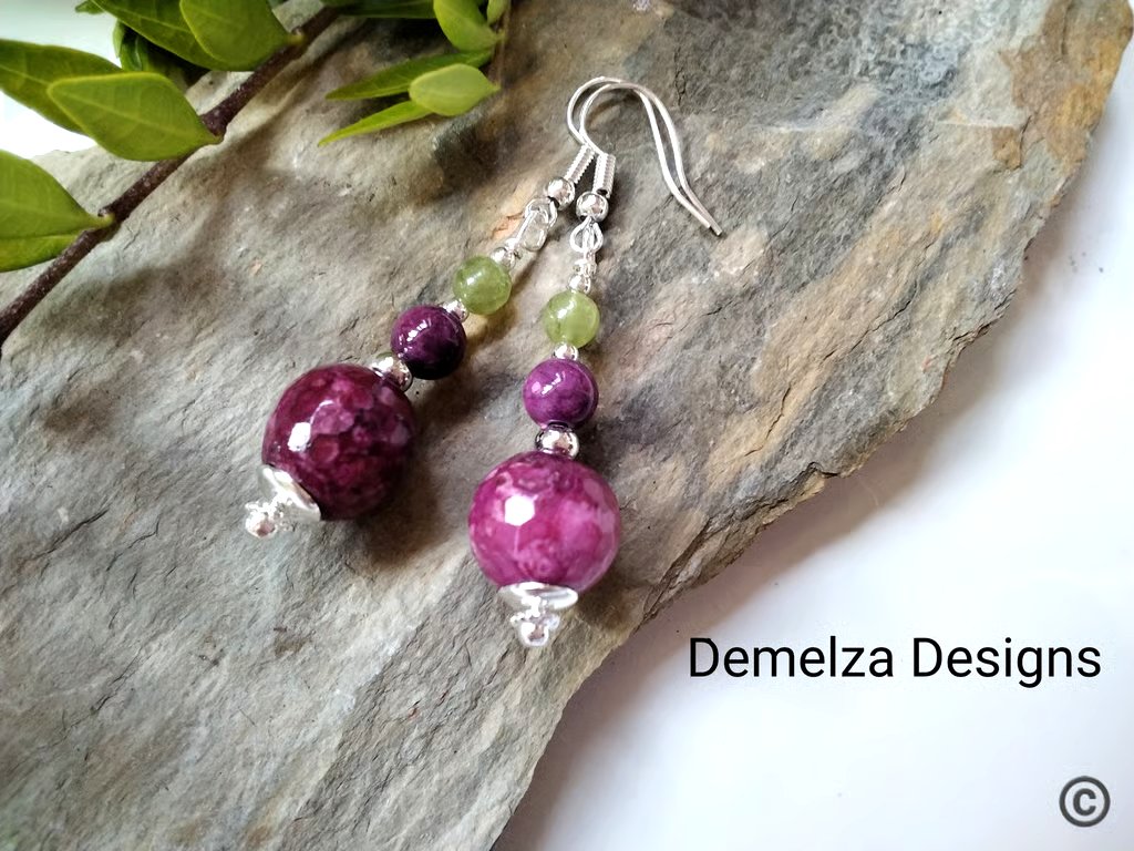 Colour Treated Agate, Quartzite & Peridot Silver Plated Earrings