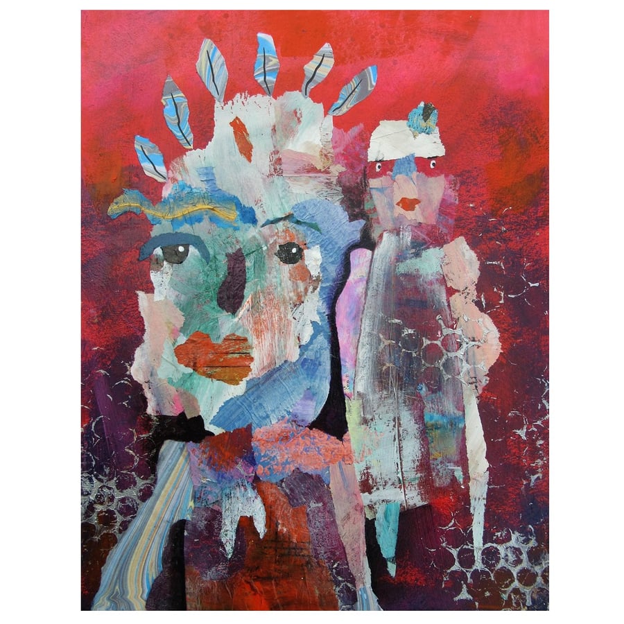 Surreal Figure Original Art Print Weird Mixed Media Colourful Folk Art Brut