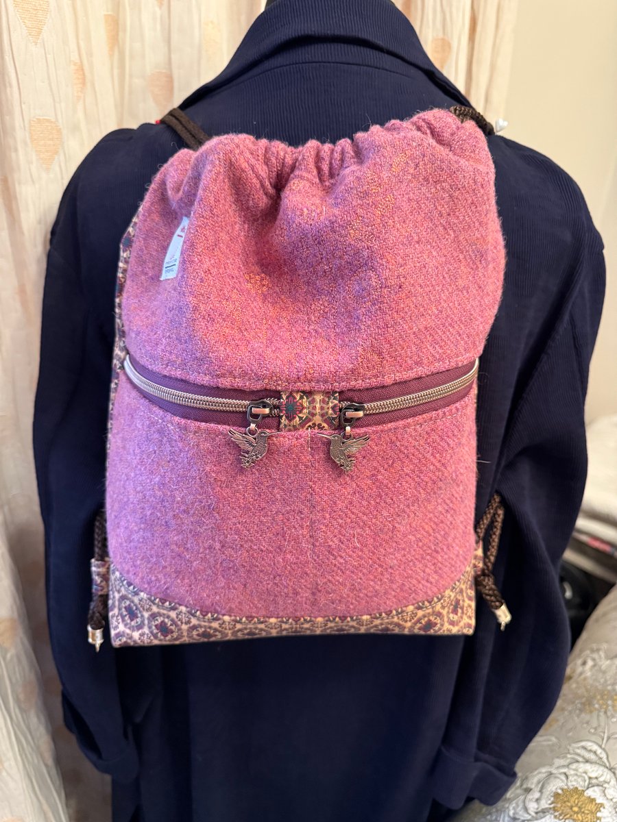 A Harris Tweed and Portuguese Cork Backpack with subtle embroidery