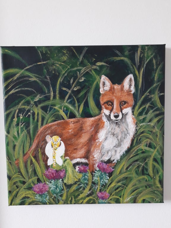 Fairy friends, original painting. Red Fox and fairy with scottish thistles.   