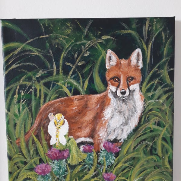 Fairy friends, original painting. Red Fox and fairy with scottish thistles.   