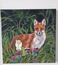 Fairy friends, original painting. Red Fox and fairy with scottish thistles.   