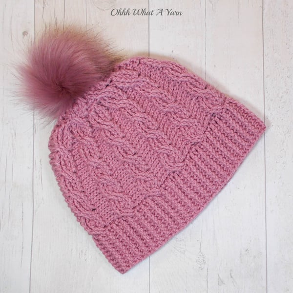 Ladies rose pink cable pom pom hat. Crochet hat. Ladies hat.