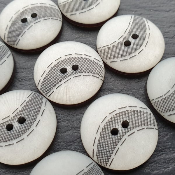 1" 25mm 40L Light Grey Polyester Buttons with black laser etched design x 5