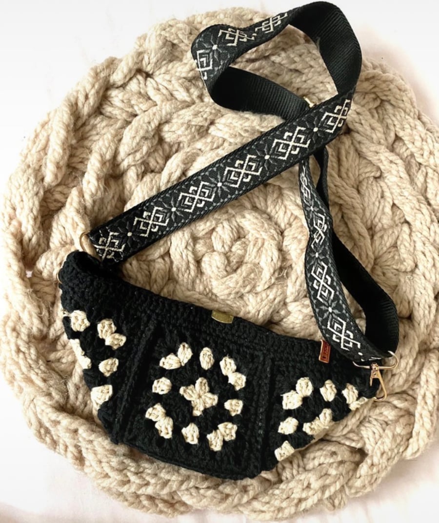 Crocheted black and cream granny square bumbag