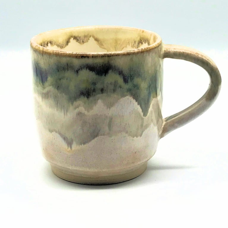 Large stoneware pottery mug finished in grey, brown, cream, white glaze.