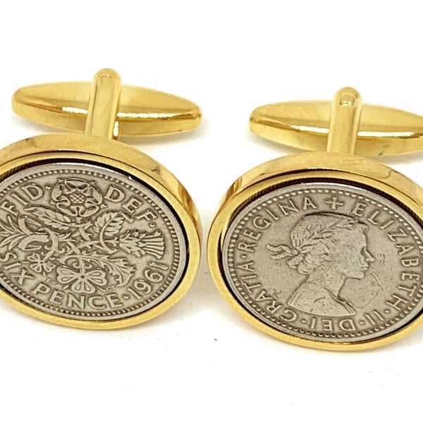 Luxury 1961 Sixpence Cufflinks for 63rd birthday. Original British sixpences GLD