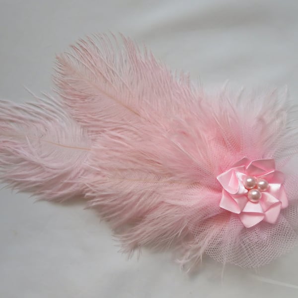 Pale Rose Pink Ostrich Feather Regency Style Headpiece Fascinator