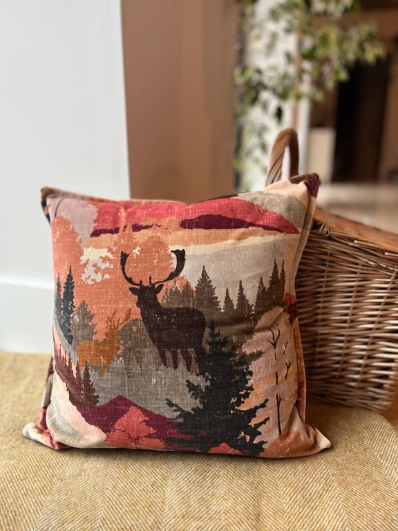 Mountain stags velvet cushion cover with linen back
