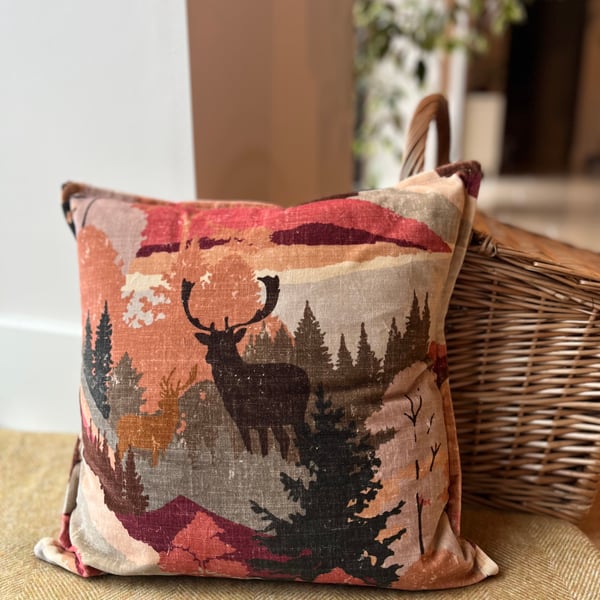 Mountain stags velvet cushion cover with linen back
