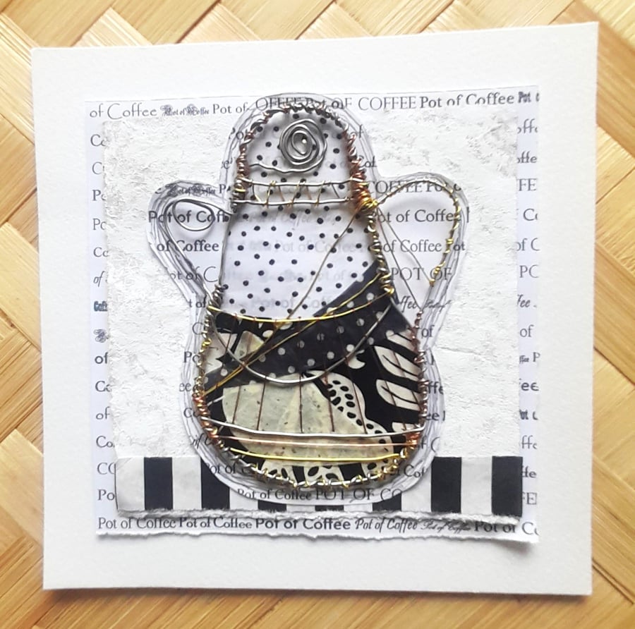 Wire Pot of Coffee in black white cream. Handmade Art. Perfect for Coffee Lovers