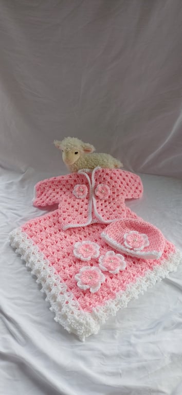 New Born Baby Girl Crochet Blanket Cardigan Hat Gift Set