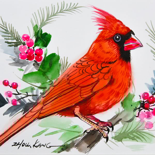 Northern Cardinal Watercolour Painting on Paper and Framed No.1