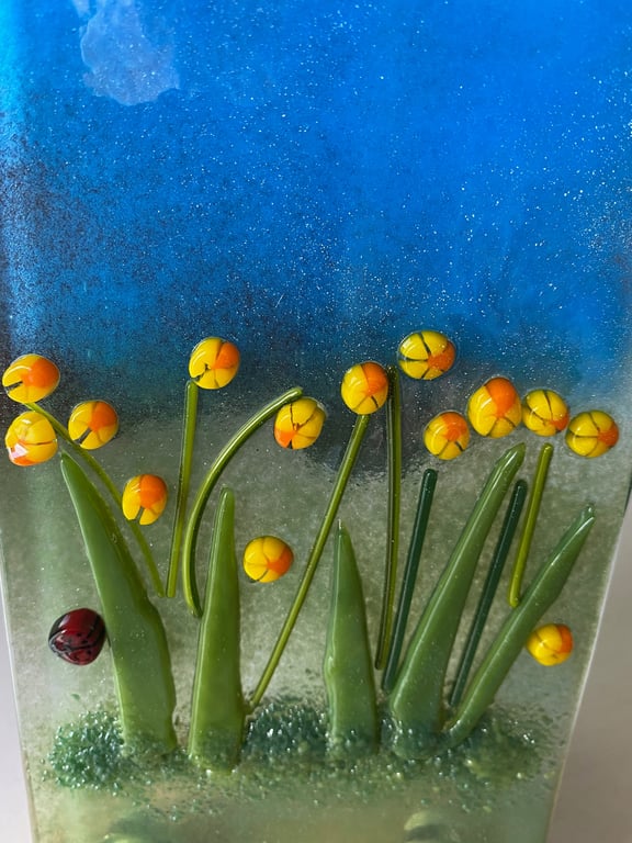 Daffodils fused glass panel in a wooden stand-daffodil flowers-birthday gift-Mot